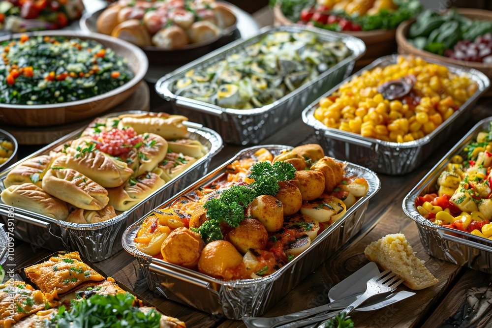 mouth-watering spread of various ready-to-eat meals in foil containers displayed on a rustic wooden table for a meal prep and catering concept shoot. mouth-watering spread of various ready-to-eat meals in foil containers displayed on a rustic wooden table for a meal prep and catering concept shoot.