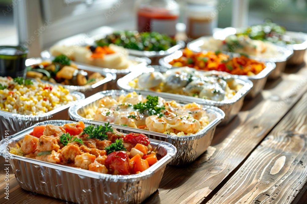 mouth-watering spread of various ready-to-eat meals in foil containers displayed on a rustic wooden table for a meal prep and catering concept shoot. mouth-watering spread of various ready-to-eat meals in foil containers displayed on a rustic wooden table for a meal prep and catering concept shoot.