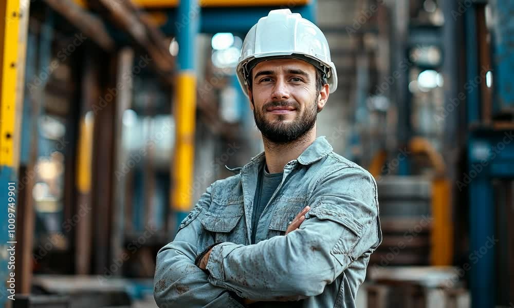 A confident construction worker with a white helmet and gray work uniform stands with arms crossed, exuding professionalism, strength, and readiness for challenges ahead. Video A confident construction worker with a white helmet and gray work uniform stands with arms crossed, exuding professionalism, strength, and readiness for challenges ahead. Video