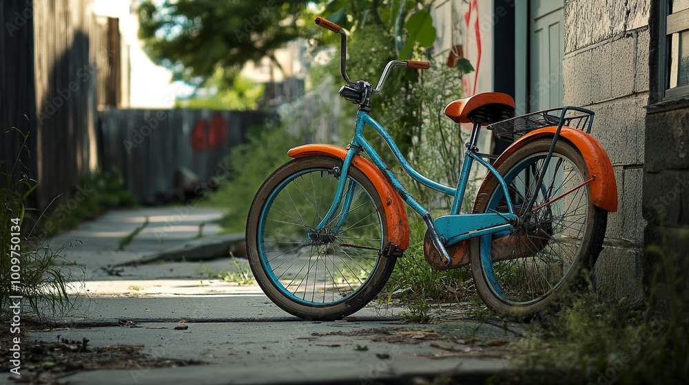 Fototapeta premium A vibrant blue and orange bicycle rests against a wall in a quiet urban alleyway