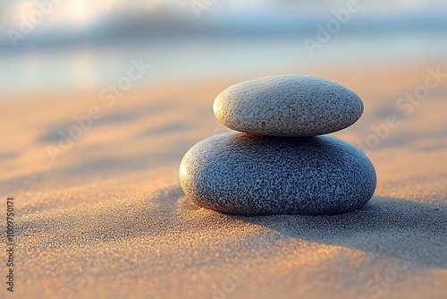 Two zen stones stacked on a sandy beach at sunset, creating a serene and peaceful atmosphere.