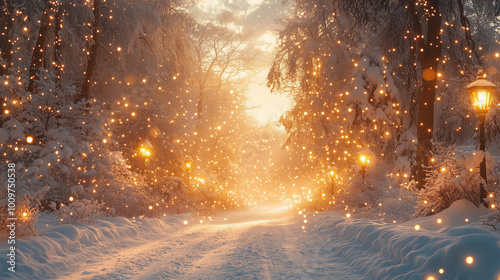 Magical winter wonderland illuminated with festive lights and snow-covered trees. AI Generative photo