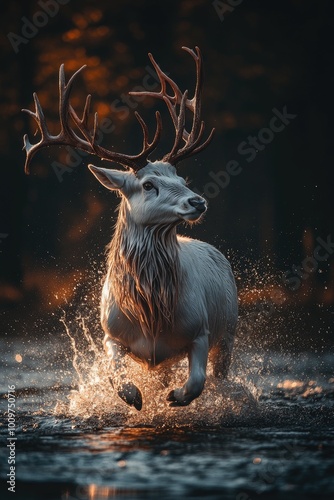 Ciervo de cola blanca saltando sobre un río, con agua salpicando. La imagen destaca la agilidad y elegancia del animal en movimiento, ideal para temas de naturaleza y fauna salvaje de Norteamérica.


 photo