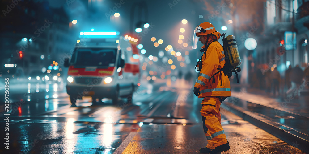 Obraz premium Firefighter Standing on Rainy Street at Night, Emergency Response with Ambulance and Firetruck