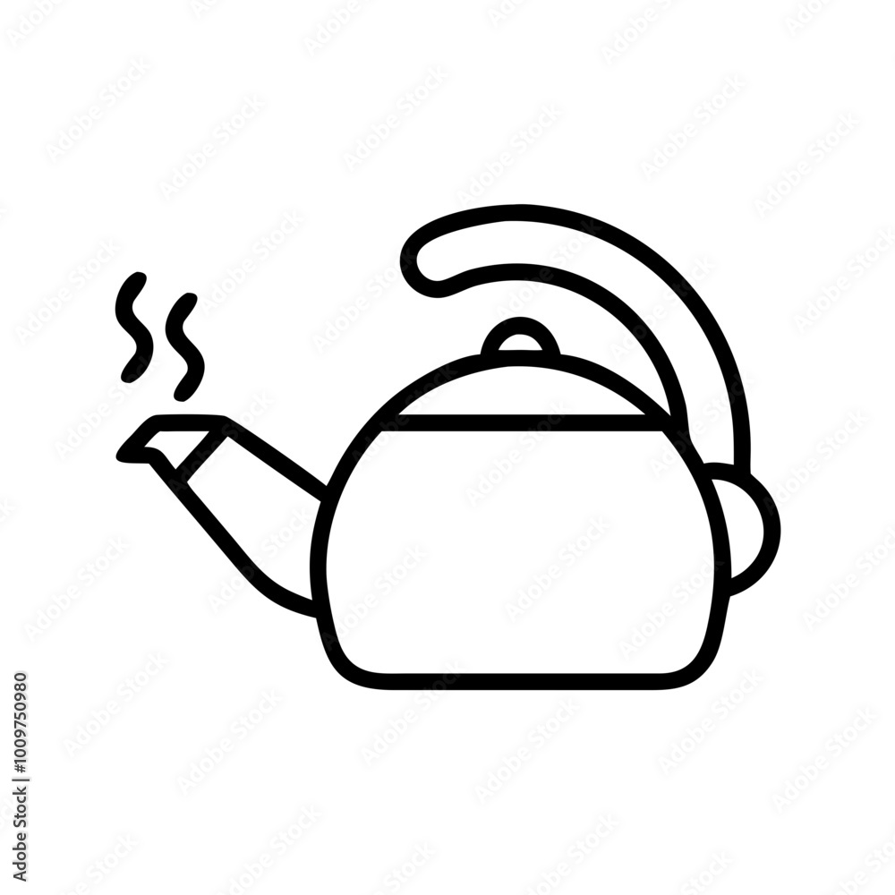 Outline icon of a steaming teapot in black and white Outline icon of a steaming teapot in black and white