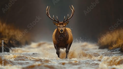 Ciervo de cola blanca saltando sobre un río, con agua salpicando. La imagen destaca la agilidad y elegancia del animal en movimiento, ideal para temas de naturaleza y fauna salvaje de Norteamérica.


 photo