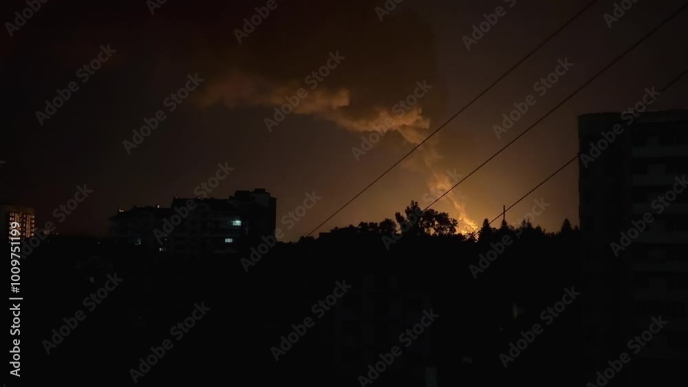 Dark orange flames and thick smoke are rising from a building fire at night, as seen from across a residential neighborhood Dark orange flames and thick smoke are rising from a building fire at night, as seen from across a residential neighborhood