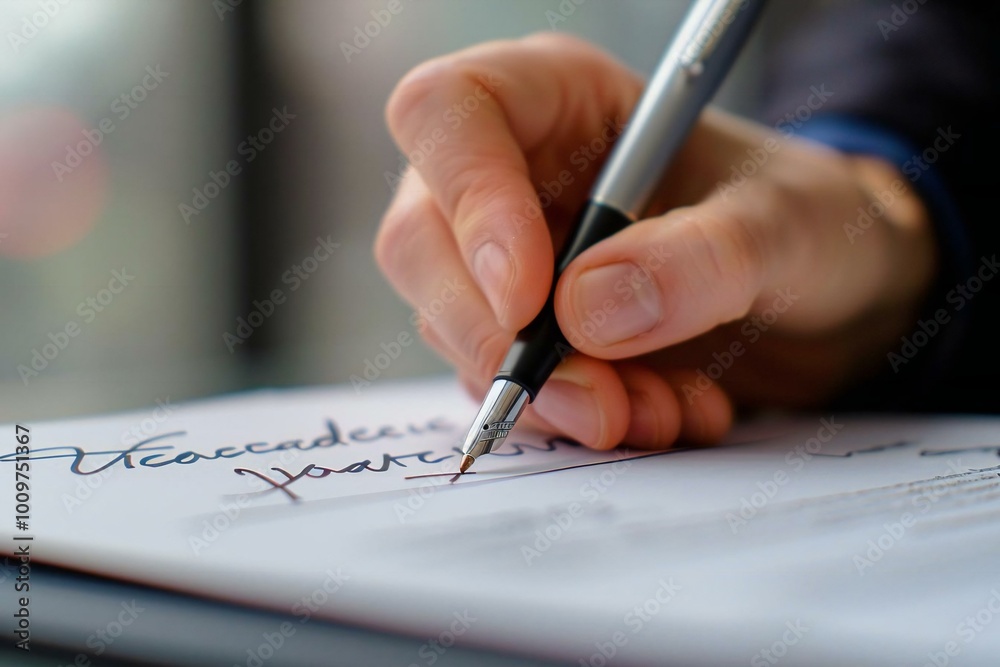 Close-up of a person's hand signing a lease agreement form with a pen Close-up of a person's hand signing a lease agreement form with a pen