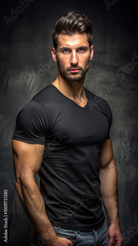 A young man with striking blue eyes and a confident expression poses in a fitted black shirt against a black background. Generative AI