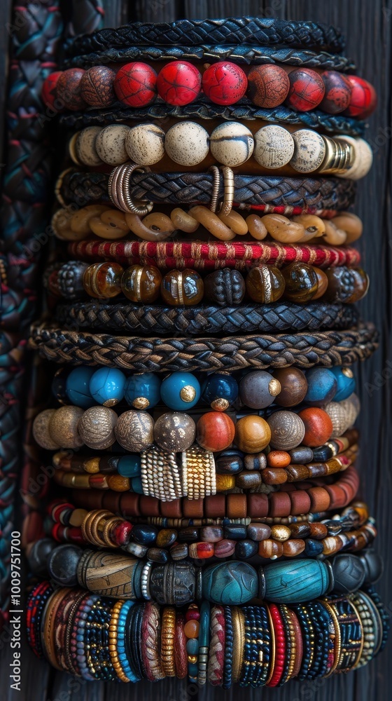 A stylish collection of colorful bracelets stacked in a neat arrangement A stylish collection of colorful bracelets stacked in a neat arrangement