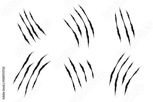 animal claw scratch marks on white background. Cat tiger paw shape scratches signs. animal claw scratches mark set. scar or scratch icons for wilderness, animal attack, wild animal, warning.