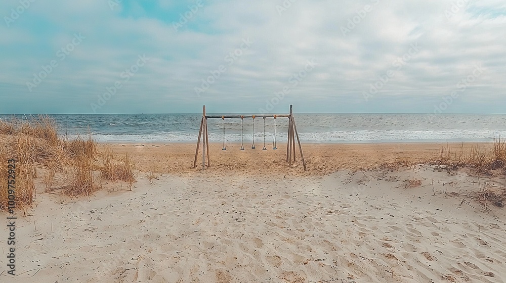 A swing set on a sandy beach with the ocean as its backdrop A swing set on a sandy beach with the ocean as its backdrop