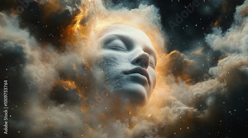 A serene face emerges from clouds in a cosmic landscape, evoking a sense of tranquility and awe