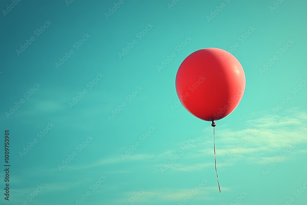 A single red balloon floating in a serene blue sky with wispy clouds A single red balloon floating in a serene blue sky with wispy clouds