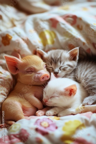 Cozy kittens snuggling with a cute piglet on a soft blanket in a warm indoor setting