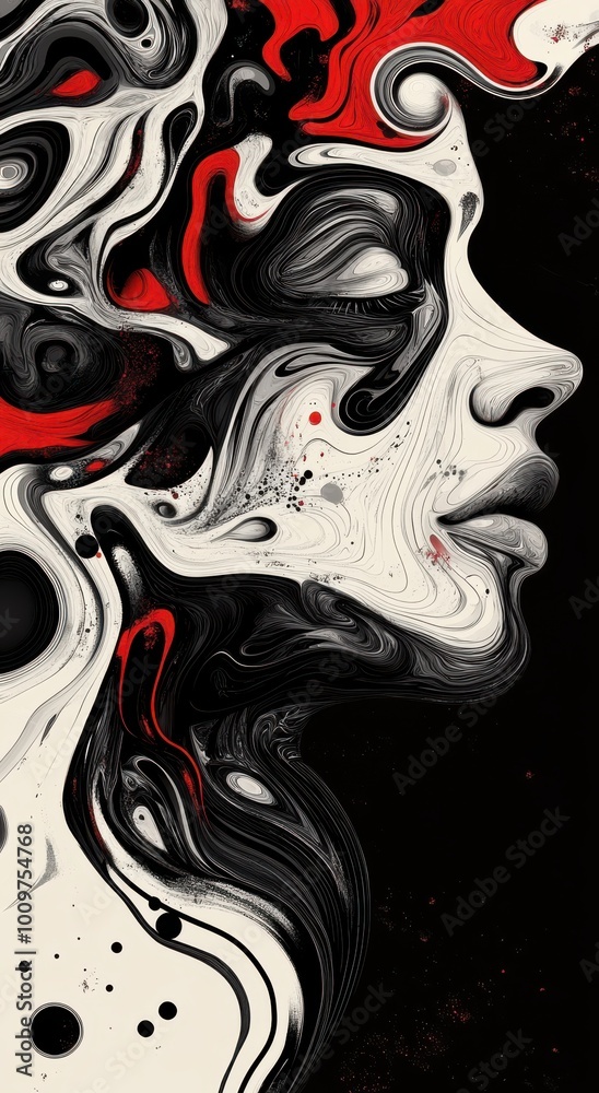Naklejka premium illustration of marble, ink, and red liquid art piece depicting a woman's face