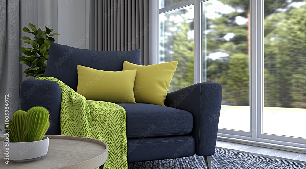 Fototapeta premium This living room features a navy blue armchair adorned with white and green patterned pillows, complemented by a soft throw blanket and greenery near the window, creating a cozy atmosphere.