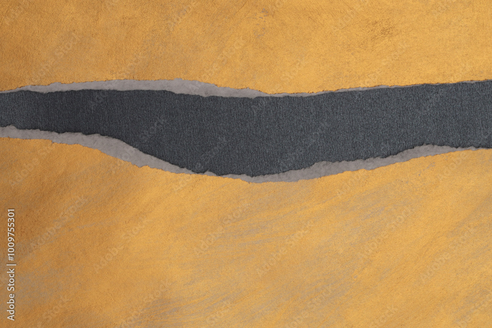 Torn, ripped paper pieces wave line frame. Gold, black copy space texture background Torn, ripped paper pieces wave line frame. Gold, black copy space texture background
