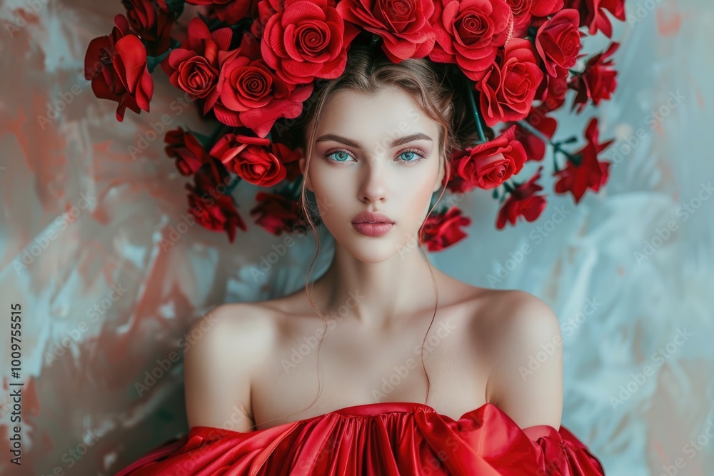 Beauty Fashion Model and Rose Flower Hairstyle Elegant Art Woman Red Dress Roses Crown on Head Beauty Fashion Model and Rose Flower Hairstyle Elegant Art Woman Red Dress Roses Crown on Head