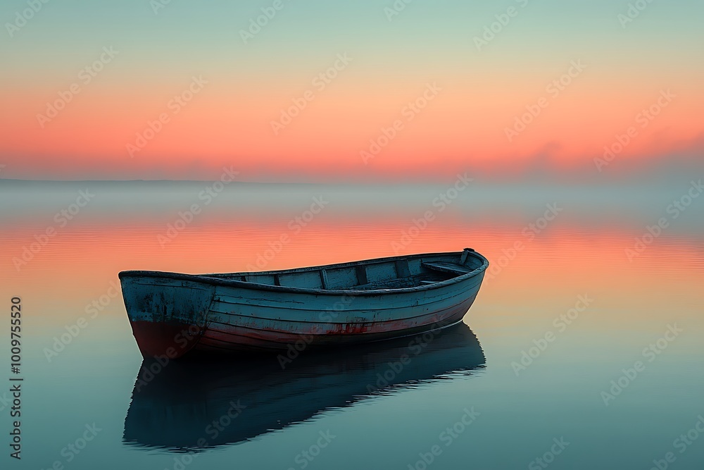 An old wooden boat on a misty lake at sunrise with a beautiful reflection An old wooden boat on a misty lake at sunrise with a beautiful reflection