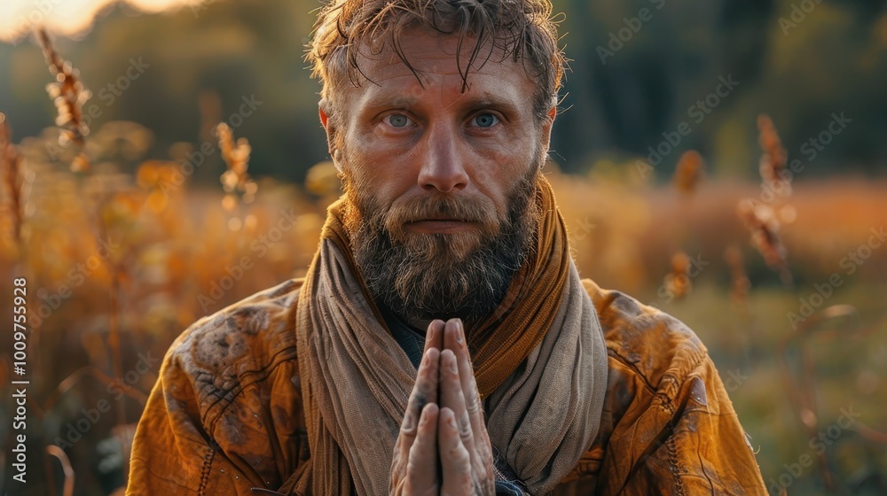 Serene bearded man dressed in humble clothes prays with gratitude in nature at sunset Serene bearded man dressed in humble clothes prays with gratitude in nature at sunset
