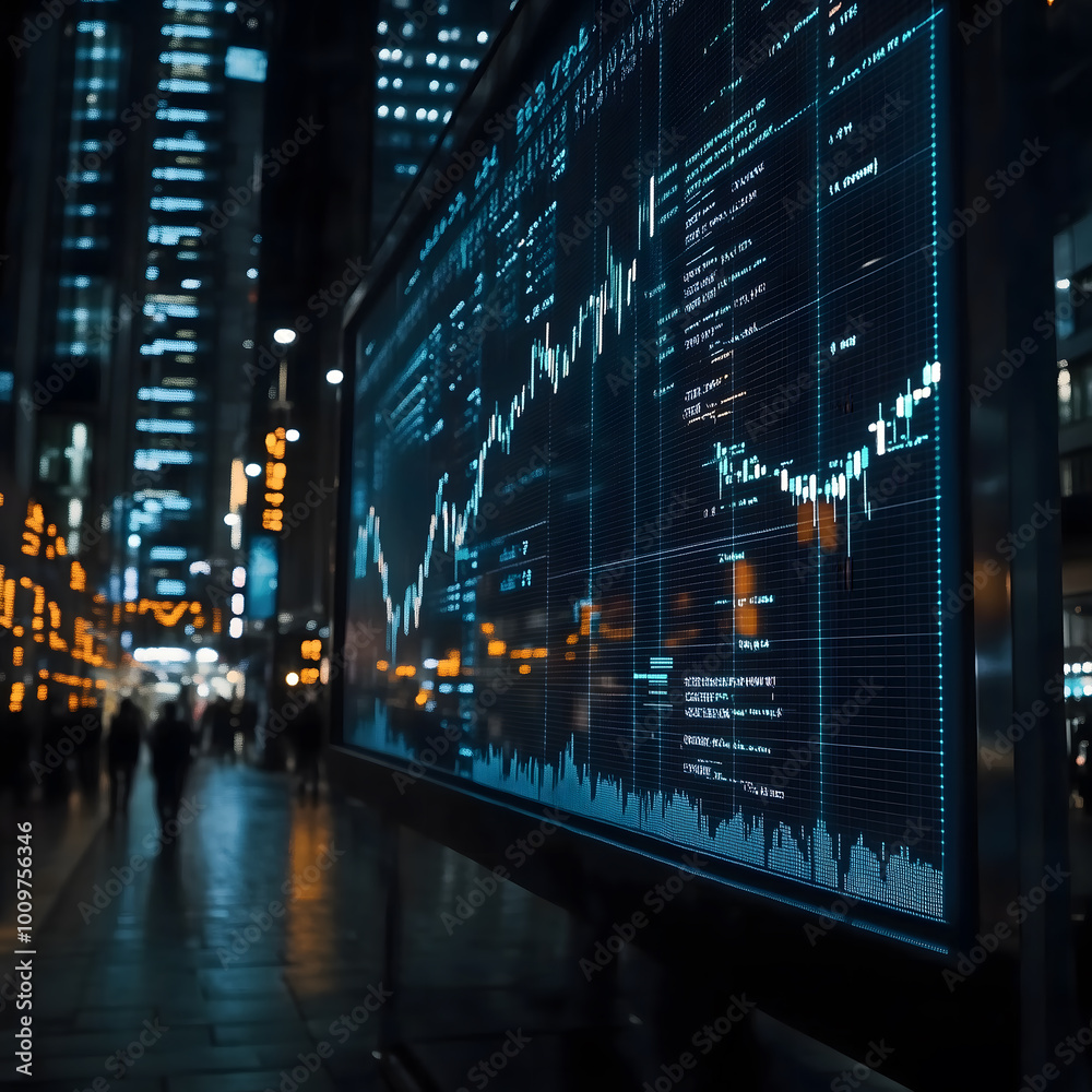 Financial graphs illuminated on electronic billboard with bustling city lights Financial graphs illuminated on electronic billboard with bustling city lights
