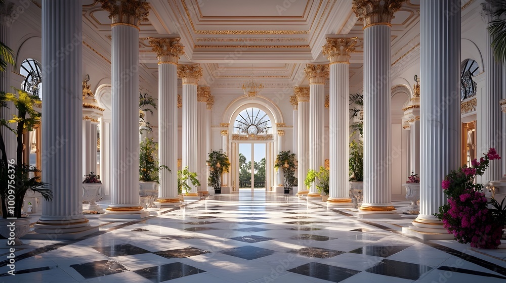 Fototapeta premium The opulent ballroom of a palace, adorned with intricate designs, sparkling chandeliers, and a spacious dance area.