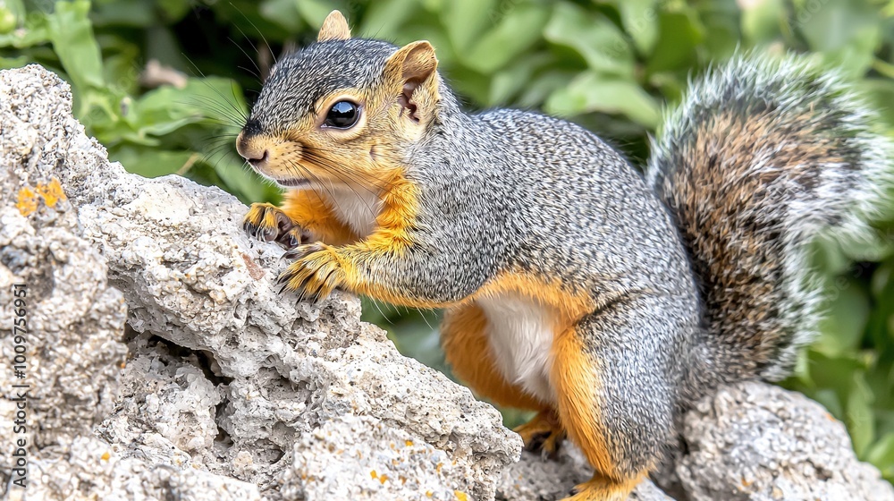 A squirrel perched atop a rock, adjacent to a lush green tree brimming with myriad leaves A squirrel perched atop a rock, adjacent to a lush green tree brimming with myriad leaves