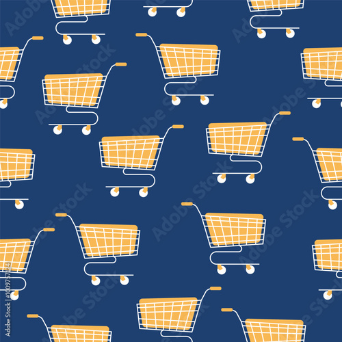 Shopping cart seamless pattern. Trolley on blue background. Sale and marketing wallpaper.