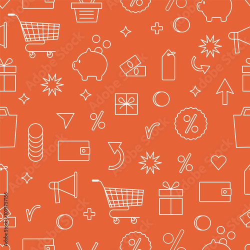 Shopping Sale Seamless Pattern. Marketing Elements on orange Background. Wallpaper with Gift Box, Tag, Bags, Megaphone and Percentage.