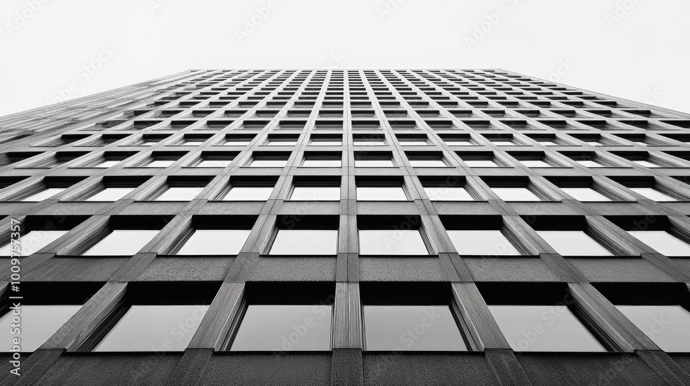 A Low-Angle View of a Modern Skyscraper with a Grid of Windows A Low-Angle View of a Modern Skyscraper with a Grid of Windows