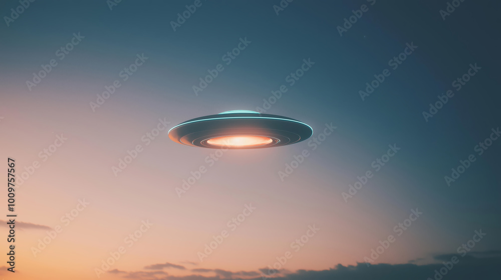 Mysterious UFO hovering in twilight sky with glowing light, unidentified flying object, alien, extraterrestrial, atmospheric phenomenon concept