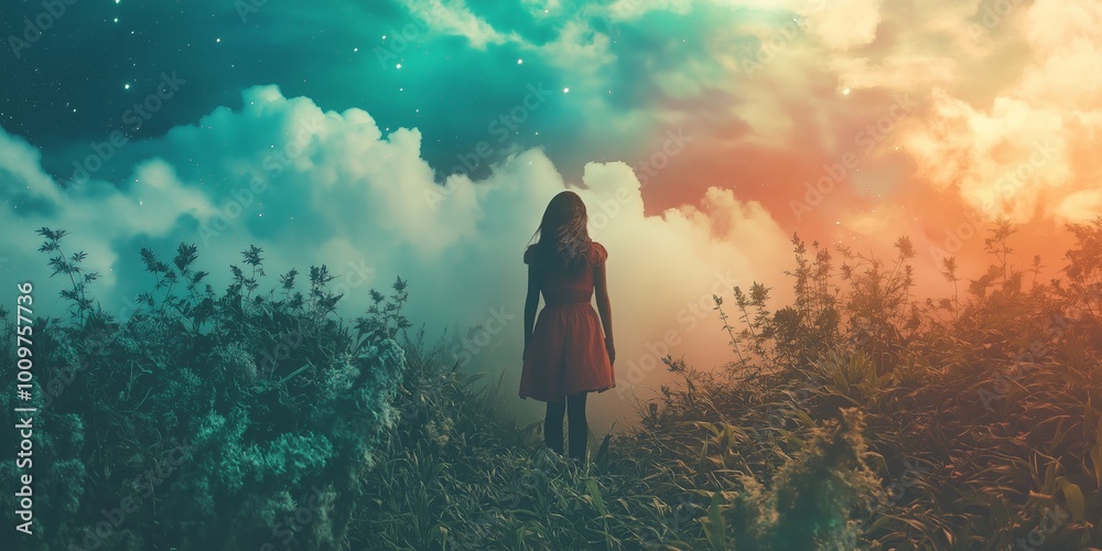 Obraz premium A woman in a dress stands between vibrant colors and starry skies.