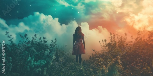 Wallpaper Mural A woman in a dress stands between vibrant colors and starry skies. Torontodigital.ca