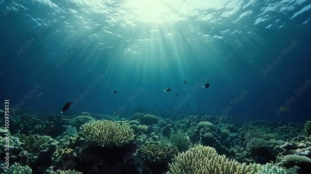 Fototapeta premium Underwater scene with coral reef and sunlight streaming through the water. AI-generated.