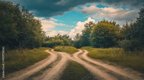 A tranquil crossroads in a lush green forest under a picturesque cloudy sky