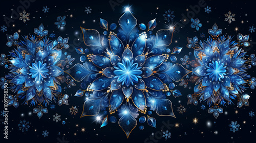 A Mesmerizing Abstract Design Featuring Blue Floral Patterns and Sparkling Stars Perfect for Christmas and New Year Celebrations