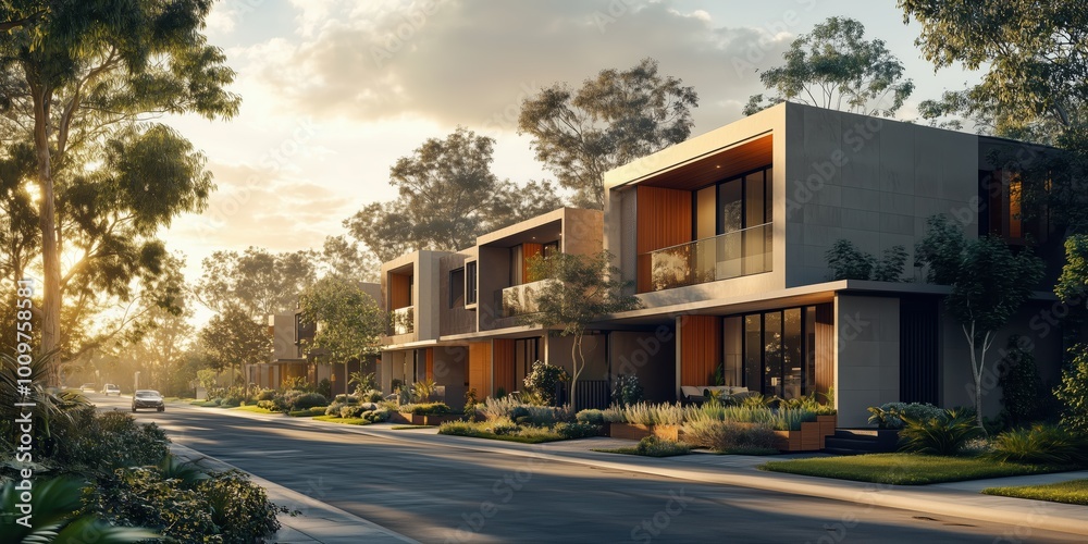Fototapeta premium Architectural rendering of modern wooden homes in a natural setting for real estate and property development