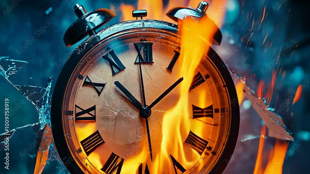 A vintage alarm clock is ablaze, with intense flames and smoke swirling around it, representing the destructive passage of time and urgency. Shattered glass fragments add to the dramatic and chaotic