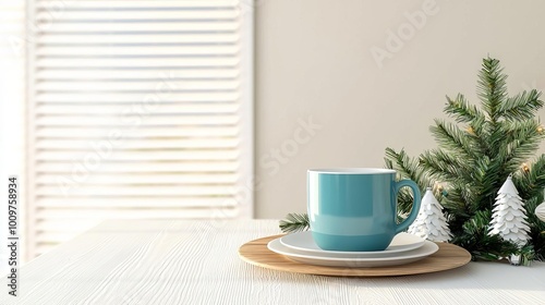 3D coastal dining room with white and blue Christmas decor, beachinspired table setup, soft sunlight, cozy and breezy holiday ambiance photo