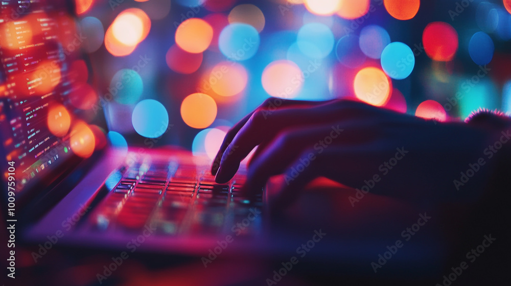 A person typing on a laptop illuminated by colorful bokeh lights in a cozy indoor setting A person typing on a laptop illuminated by colorful bokeh lights in a cozy indoor setting
