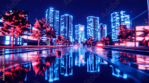 Neon glowing futuristic city street reflecting on a wet road. AI-generated. photo