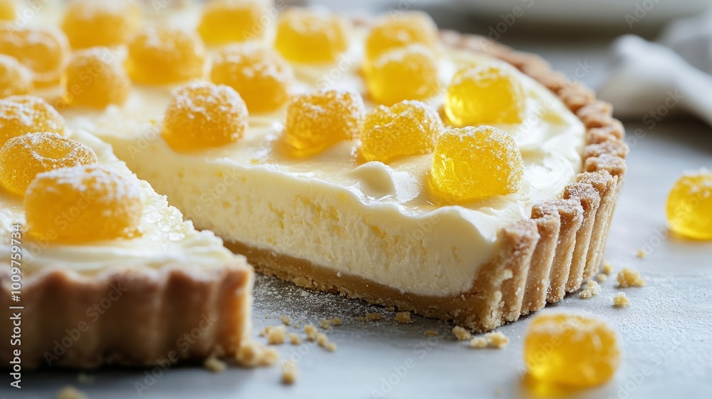 Delicious lemon tart with golden jelly candies on top served on a white surface Delicious lemon tart with golden jelly candies on top served on a white surface