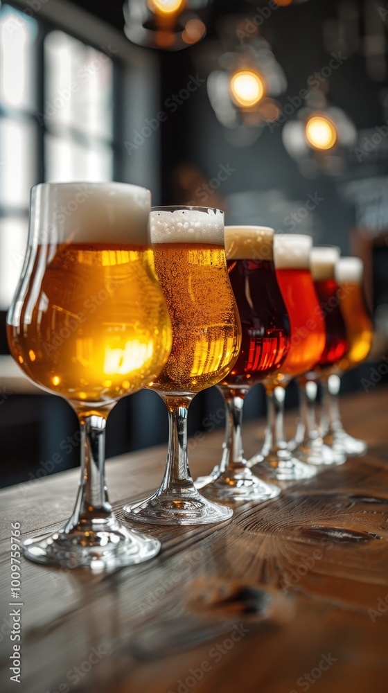 A selection of craft beers displayed on a rustic wooden table in a lively brewery pub setting A selection of craft beers displayed on a rustic wooden table in a lively brewery pub setting