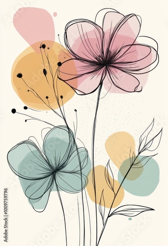 illustration of three flowers, outlined with thin black lines on a pastel background