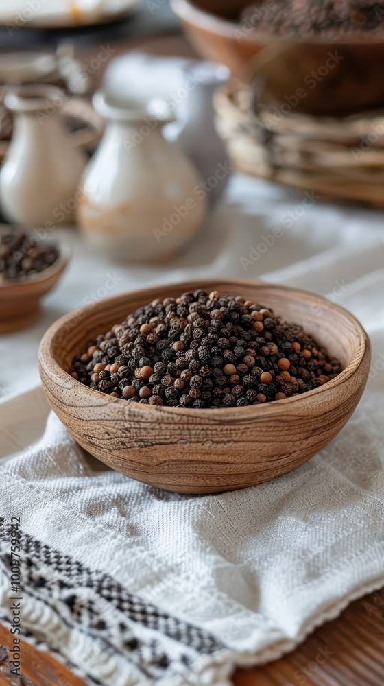 Black peppercorns in a rustic wooden bowl on white cloth, perfect for culinary uses and spices Black peppercorns in a rustic wooden bowl on white cloth, perfect for culinary uses and spices