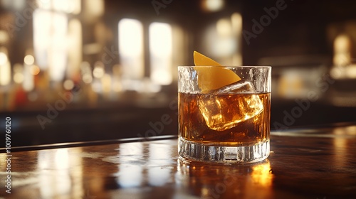 A glass of whiskey with ice and a lemon wedge on a wooden bar.