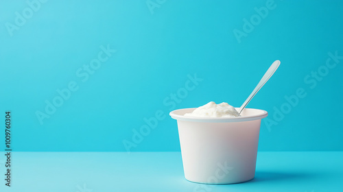 "A white plastic container filled with yogurt, accompanied by a spoon, set against a blue background."