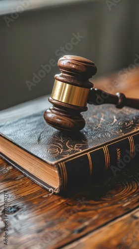 A gavel resting on a legal book on a wooden table in a courtroom setting during proceedings photo