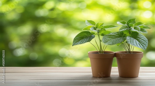 Bright green potted plants sit neatly on a modern table, surrounded by a soft, blurred green backdrop that enhances their natural beauty and tranquility